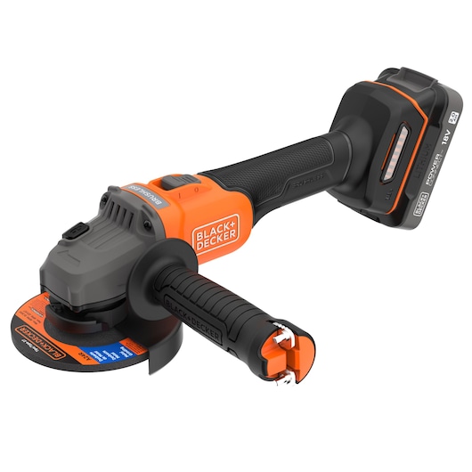 A BLACK+DECKER cordless angle grinder with an orange and black design, featuring a brushless motor and an 18V lithium battery.