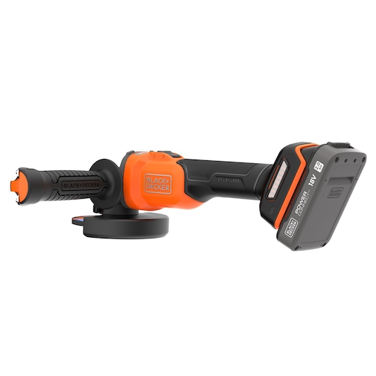 BLACK+DECKER cordless angle grinder with orange and black design, featuring a side handle and an 18V battery pack attached.