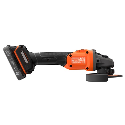 A BLACK+DECKER cordless angle grinder with an 18V lithium-ion battery. The tool features an orange and black design with a protective guard over the grinding disc.