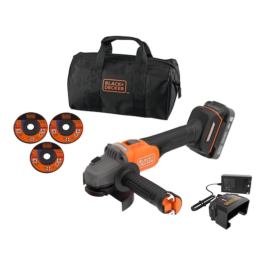 BLACK+DECKER BCG6L8D1S cordless angle grinder set with three cutting discs, battery, charger, and black carrying bag, front view.