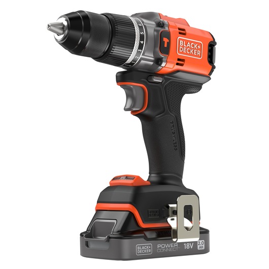 Cordless BLACK+DECKER power drill with black and orange ergonomic design, featuring an adjustable torque ring and an 18V 2.0Ah battery.